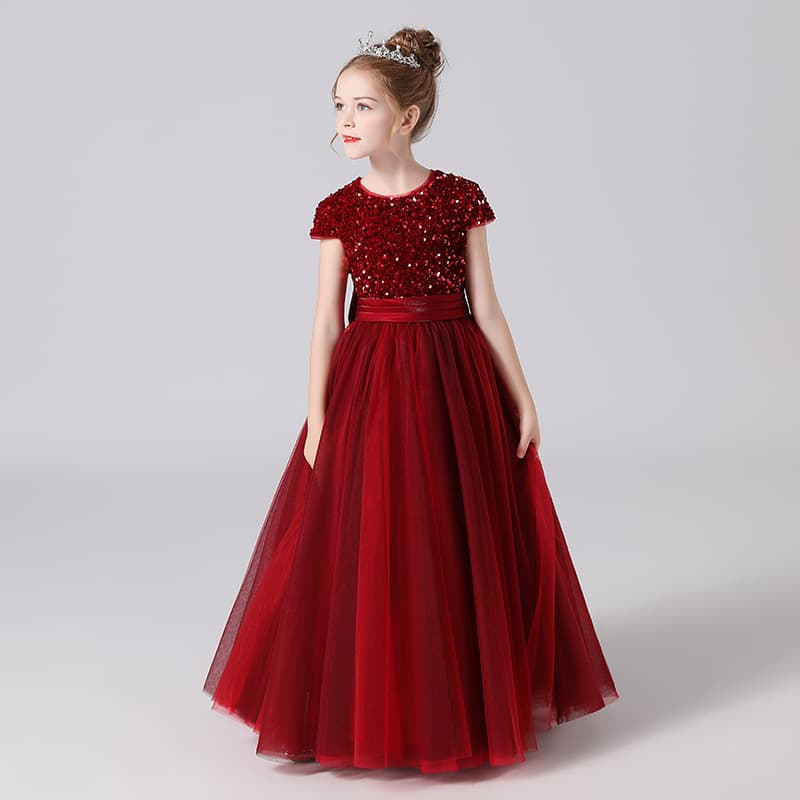 Children's princess dress, fashionable girl's dress, flower girl's birthday performance dress, first-year host's burgundy evening dress, sequins