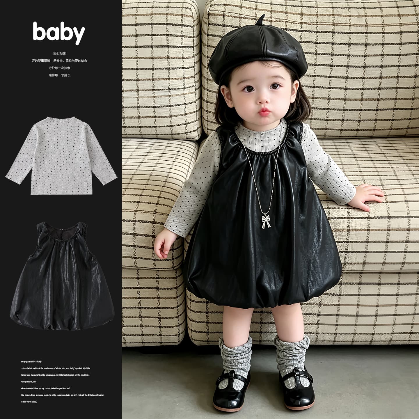 Infants and young children's casual polka-dot long-sleeved bottoming shirt for baby girls in autumn new Korean style vest and leather skirt two-piece set