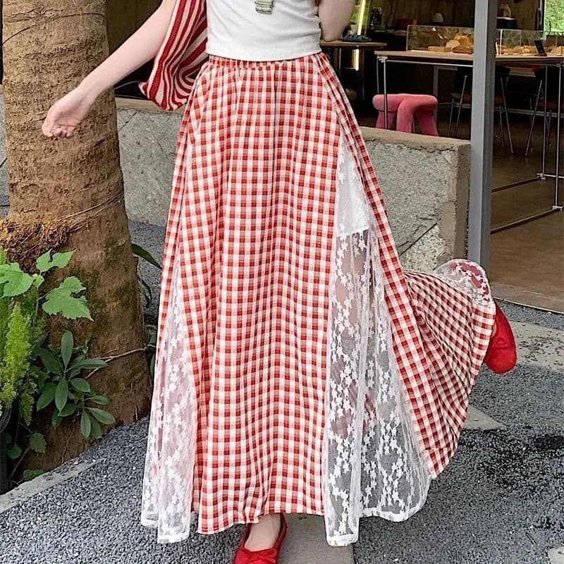 Designed lace splicing plaid skirt plus size fat mm dopamine high waist slimming a-line long skirt