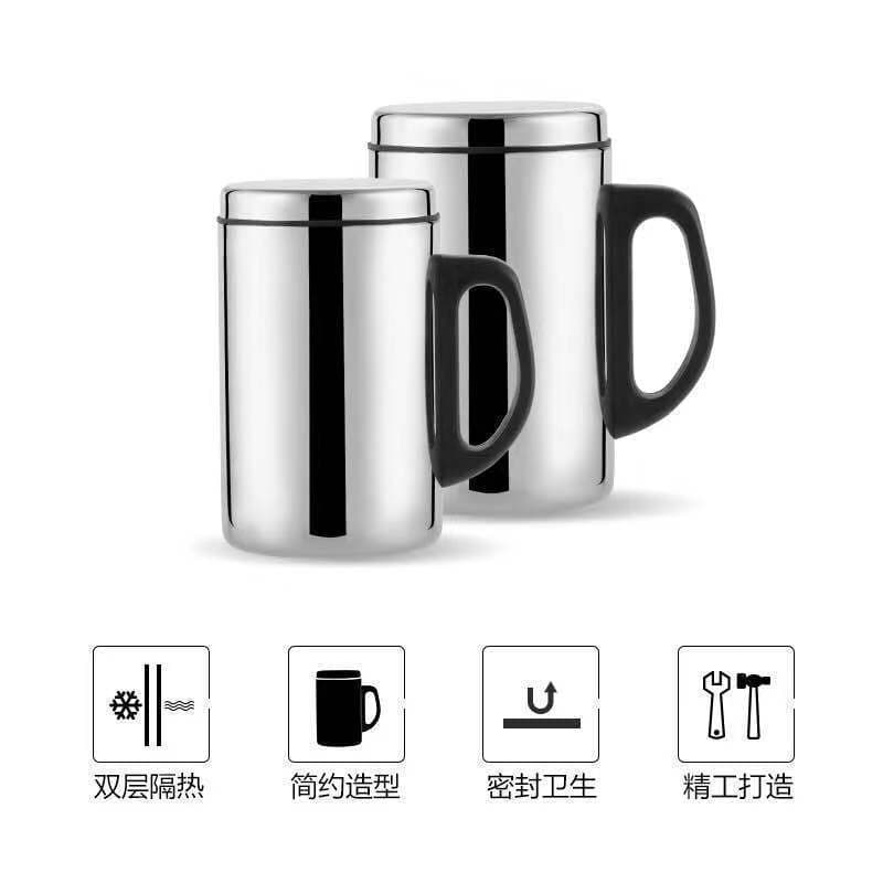 Double-layer Stainless Steel Insulated Anti-scald Cup with Handle and Lid, Water Cup, Mug for School, Factory, and Office Use