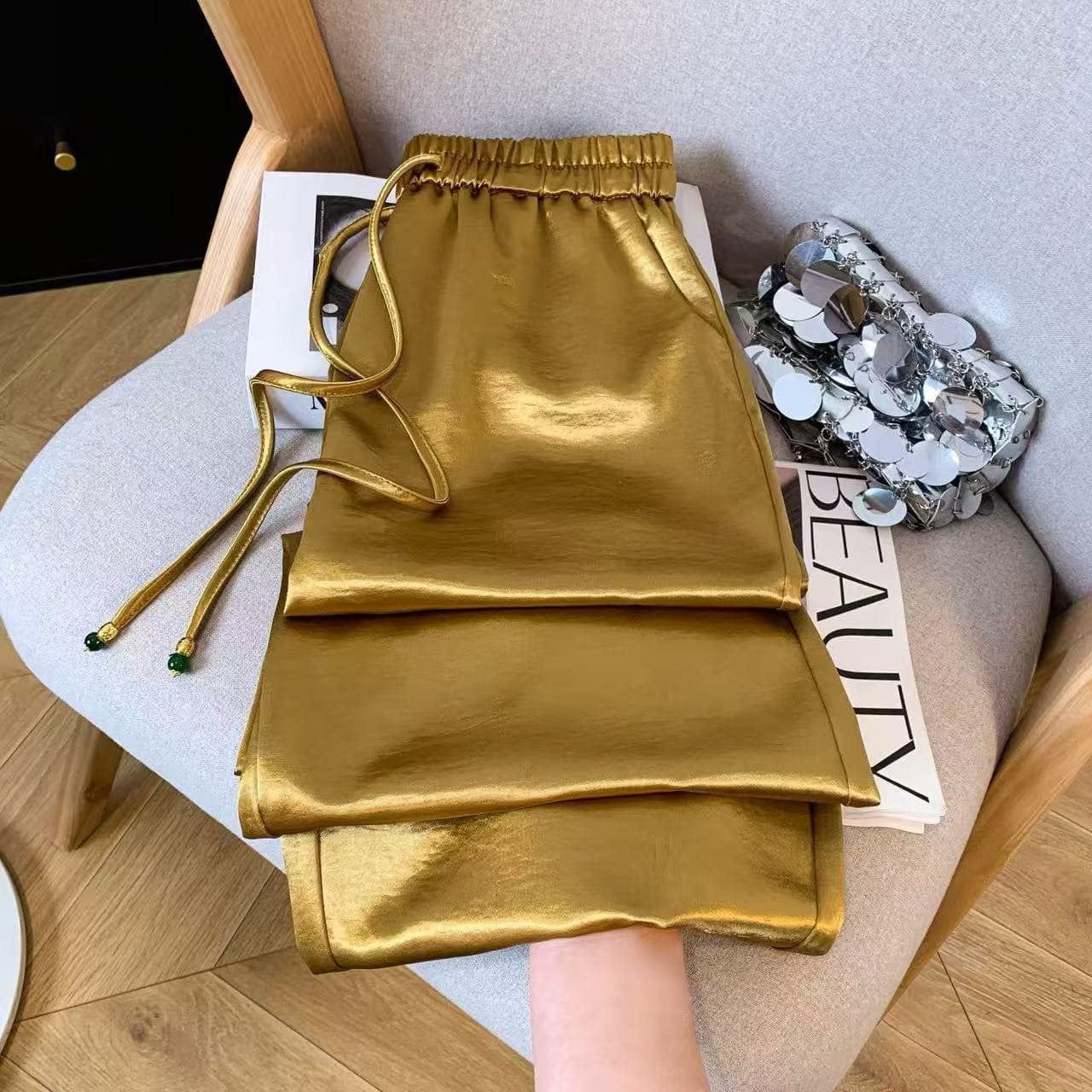 263 New Chinese Style Heavy Satin Flowy Straight-Leg Casual Pants with Elastic Waist