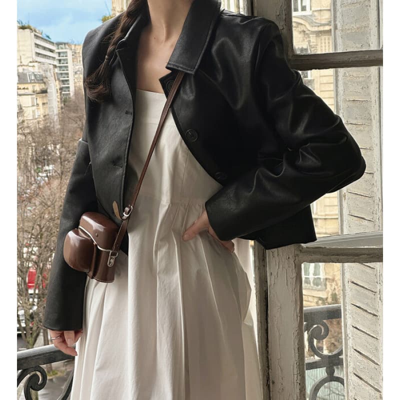Korean Autumn/Winter Retro French Collar Single-Breasted Versatile PU Leather Jacket for Women, Solid Color Loose Fit Motorcycle Style