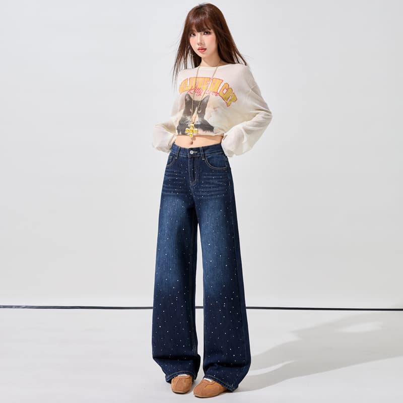 2026 Spring New Rhinestone Blue-Gray Wide-Leg Jeans for Women High-Waist Straight Loose Flowing Floor-Length Pants Blue Gray Long Pants