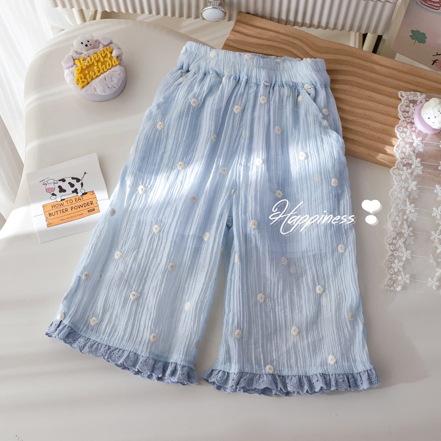 Girls Summer Casual Pants Embroidered Floral Breathable Lace Trim Wide Leg Baby Summer Outfit Long Pants Children's Clothing