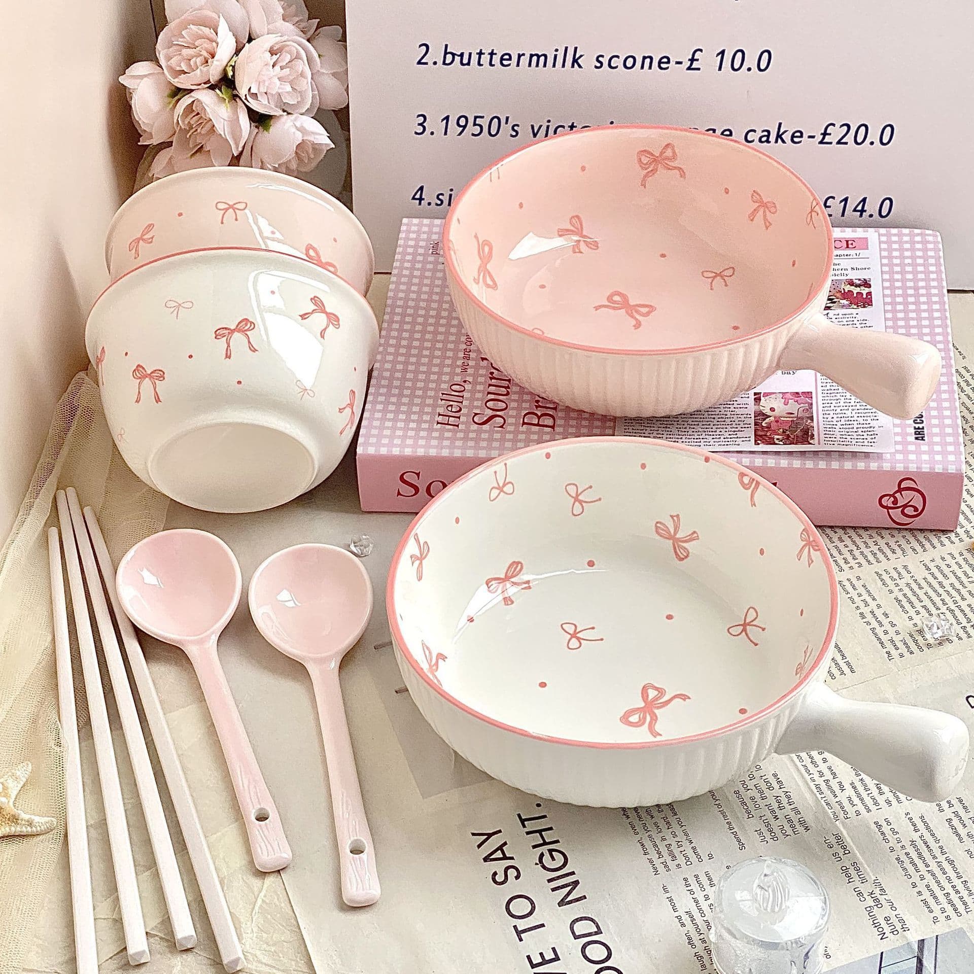 High-Appearance Girly Home Tableware Round Plate Cute Bow Ceramic Double-Handle Underglaze Rice Bowl Soup Bowl Set