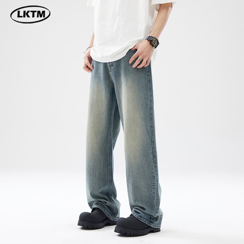 LKTM Men's Straight Leg Jeans Clean Fit Vintage Washed Loose Ice Blue Long Trousers Casual Cotton Denim mid Waist Zipper