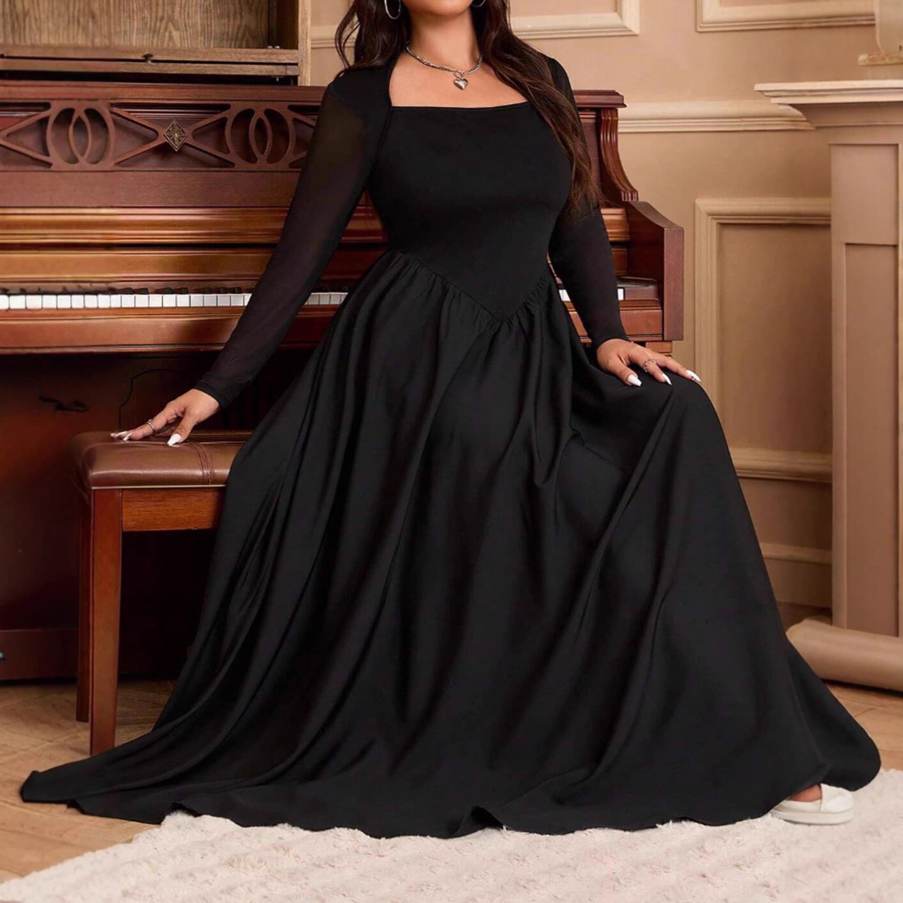 Amazon Cross-border 2025 Fall/Winter Flared Dress Elegant European and American Export Solid Color Waist-cinching Plus Size Dress for Women