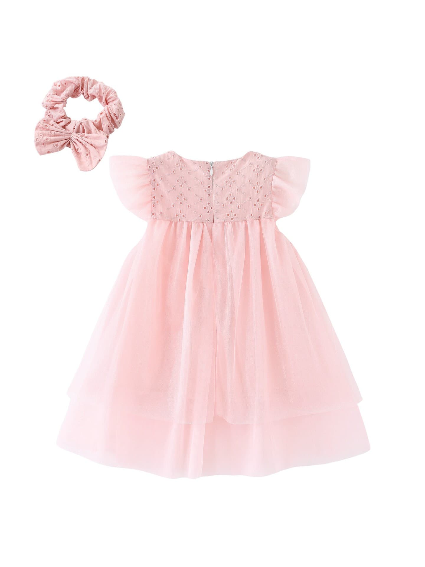 2026 New Girls Princess Tulle Dress Summer Outfit Baby Flutter Sleeve Embroidered Dress with Hair Tie Set