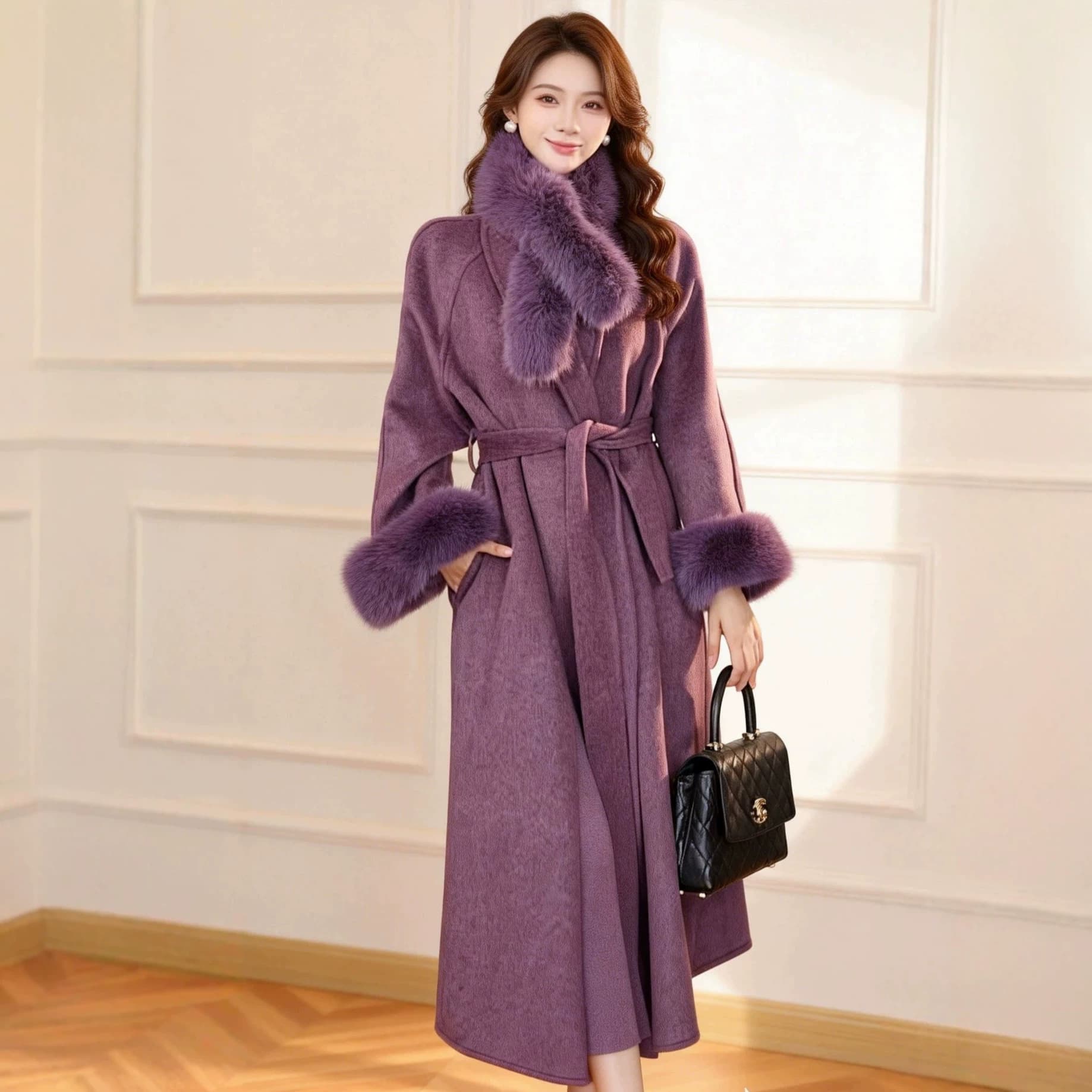 LOERVEERA Women's Long Coat with Fur Collar Woolen Overcoat 25068