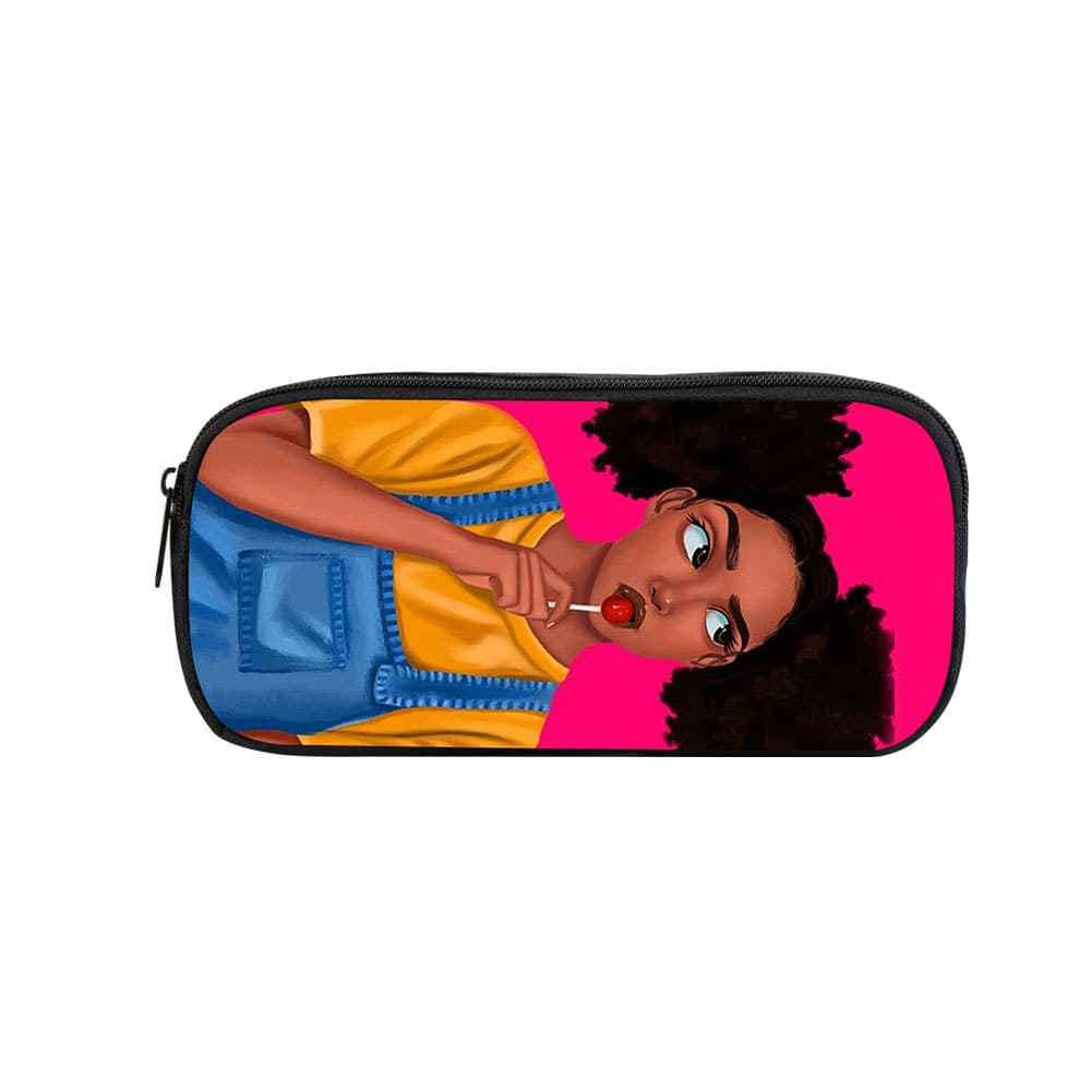 Black African girl cosmetic bag, portable clutch bag, girls desktop pencil bag, stationery bag