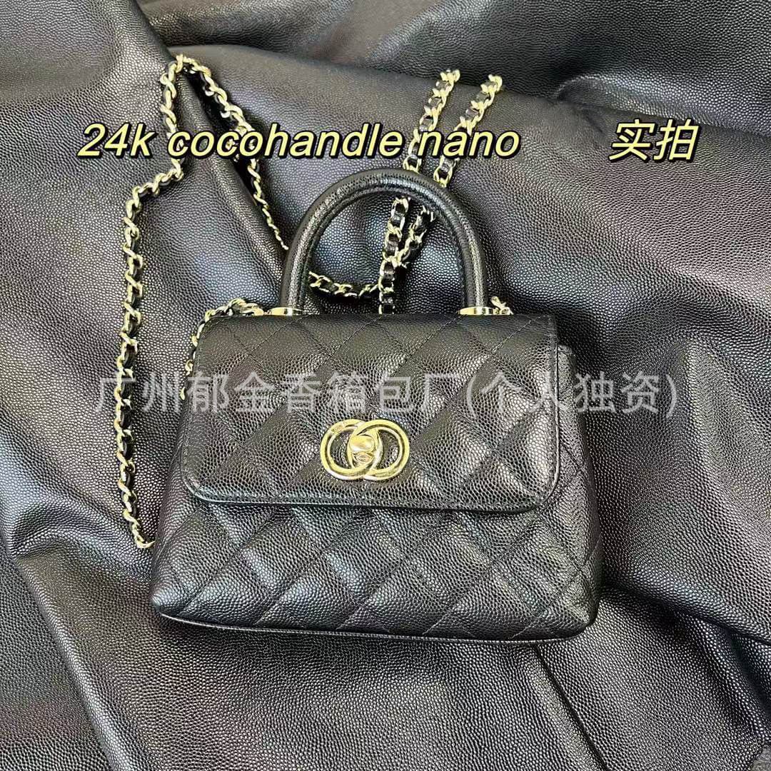 Handlenano Lychee Pattern Cowhide 24K Thick Gold-Plated Champagne Hardware Handbag Crossbody Bag Chain Mini Square Bag