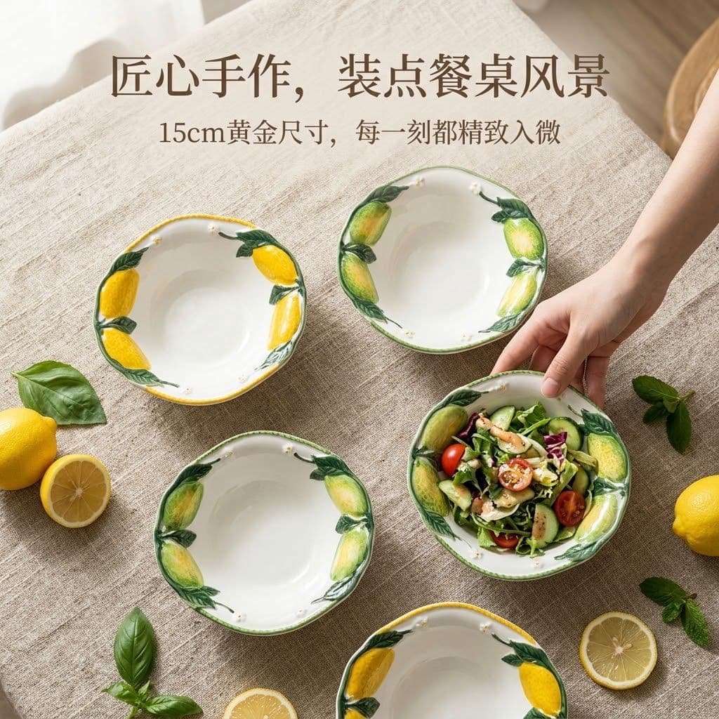 Export Trade Hand-Painted Three-Dimensional Relief Lemon Ceramic 6-Inch Dessert Bowl Salad Bowl Rice Bowl Fruit Sweet Soup Bowl
