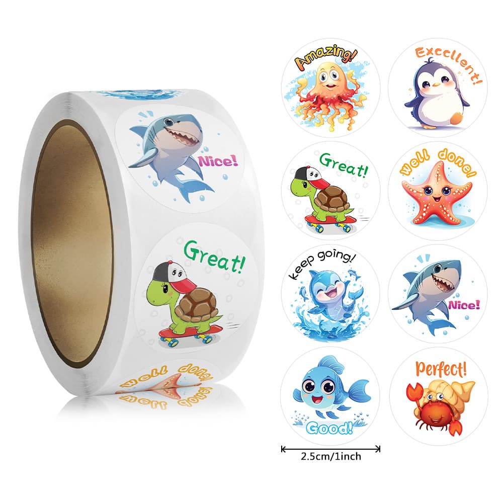 Cross-border 500 sheets/roll marine animal reward stickers, learning encouragement stickers, gift tags, stationery decoration stickers