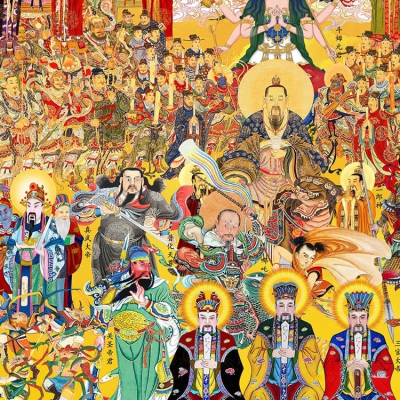Full Pantheon Buddhist and Taoist Deity Scroll, Complete Buddha Image, Amitabha Buddha, Taoist Three Pure Ones, Heavenly Honored Ones, Patriarch Jade Emperor Hanging Painting
