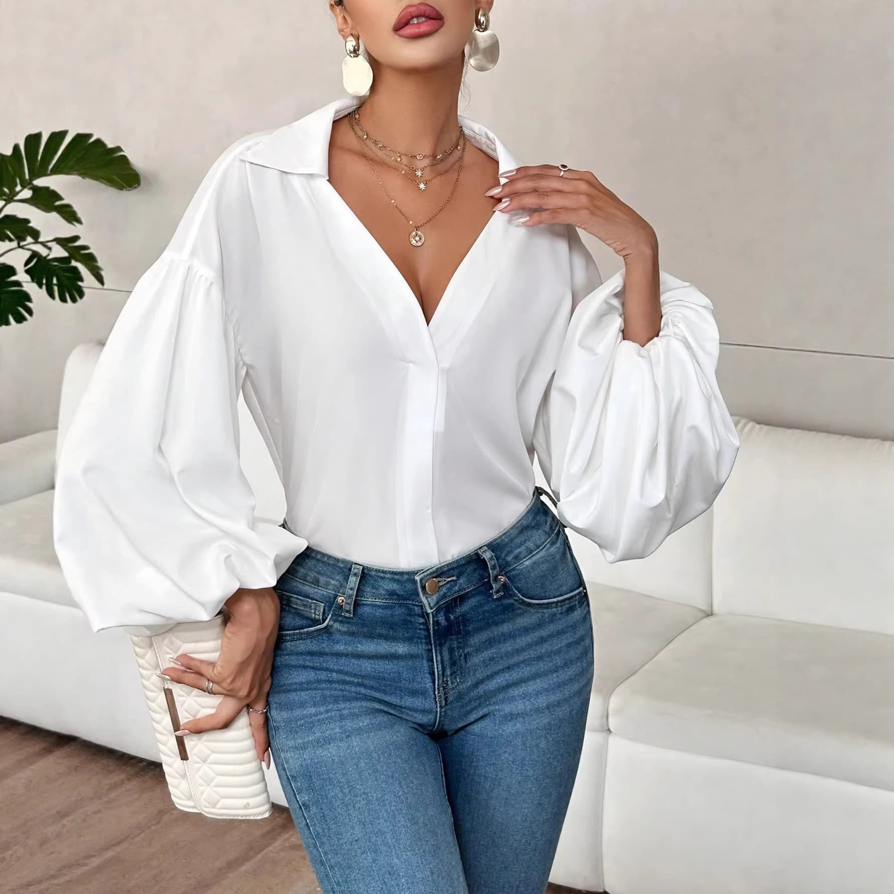 2026 New Cross-border Amazon Fashion French Polka Dot Half-open Collar Design Loose Shirt with Bubble Long Sleeves
