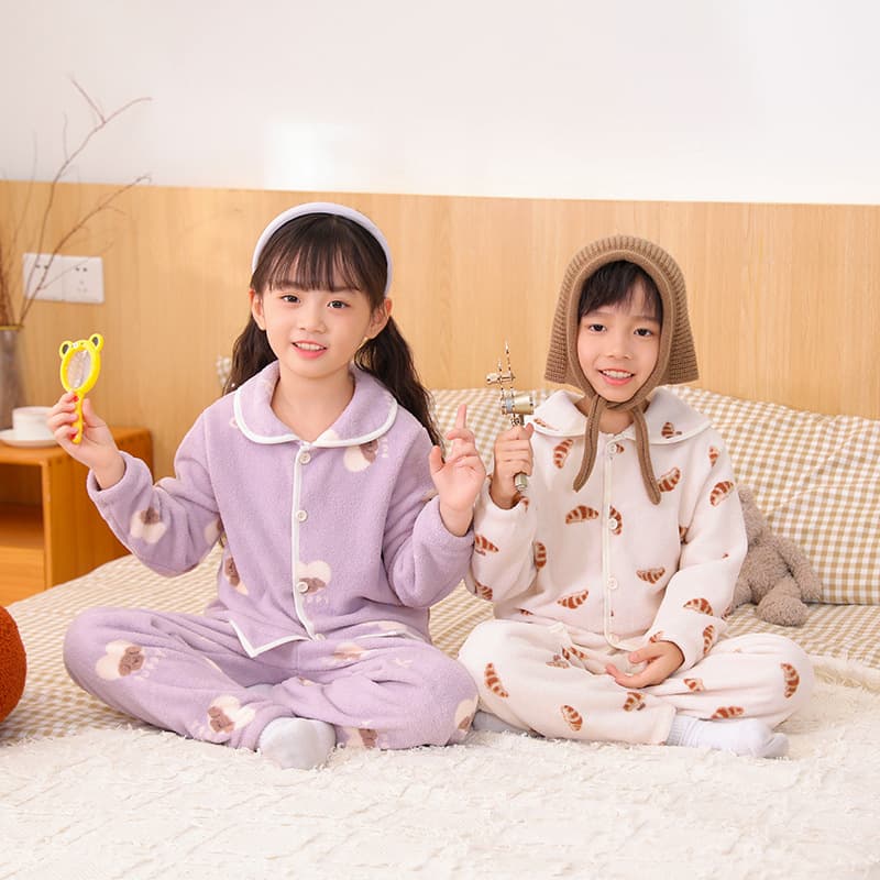 Kids Pajama Set Fall Winter New Fleece Thickened Girls Boys Polar Fleece Cartoon Cardigan Loungewear