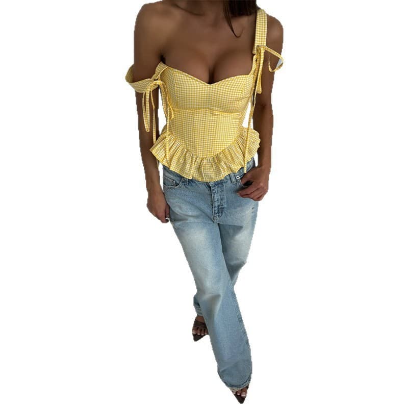 AliExpress Cross-border European and American Women's Clothing 2025 New Two-tone Ruffle Plaid Tie Strap Camisole