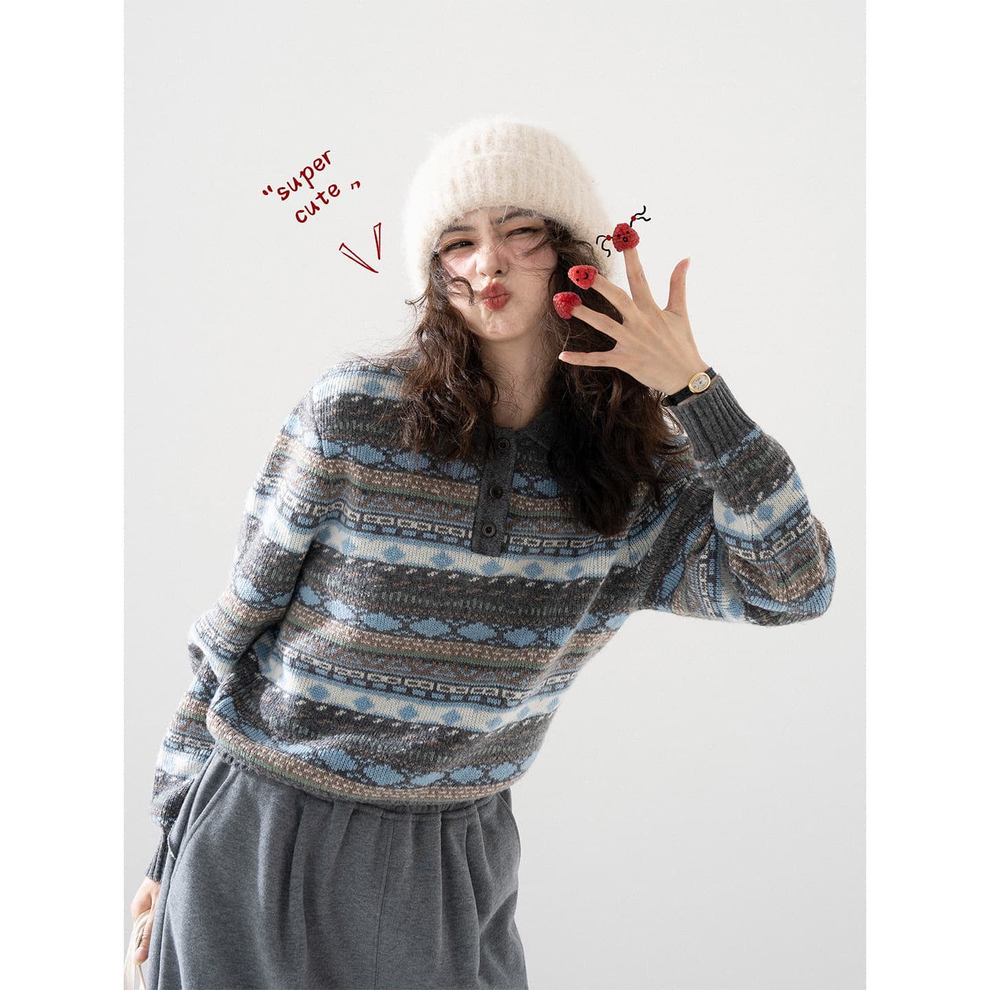 Faroese Islands Scandinavian Retro Polo Collar Fair Isle Sweater Wool Knitted Vest for Women