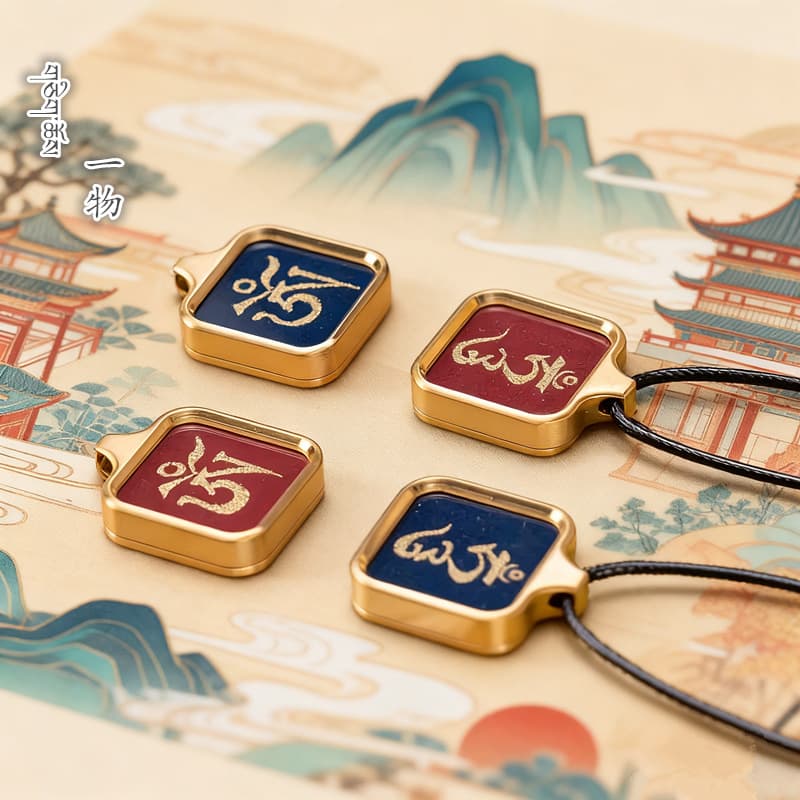 2*2 Mineral Sand Seed Syllable Tibetan Thangka Painting, Titanium Steel Gau Box, Hand-painted Scripture Pendant with Six-syllable Mantra