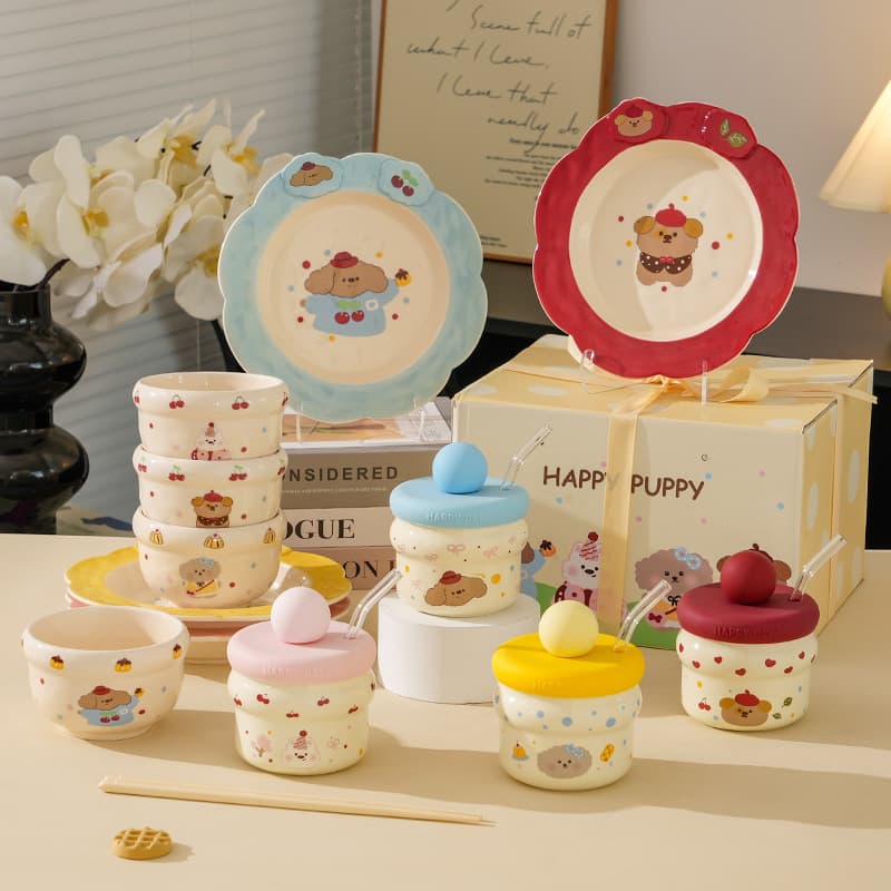 Cartoon ceramic tableware set, cute children's dishes, household high-value gift box, straw cup with lid