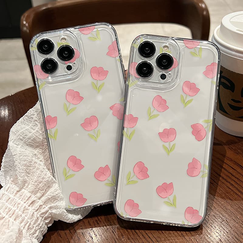 Ins-style Pink Tulip iPhone 13 Pro Max Full Series Fresh Anti-Drop iPhone 17 Transparent Protective Case