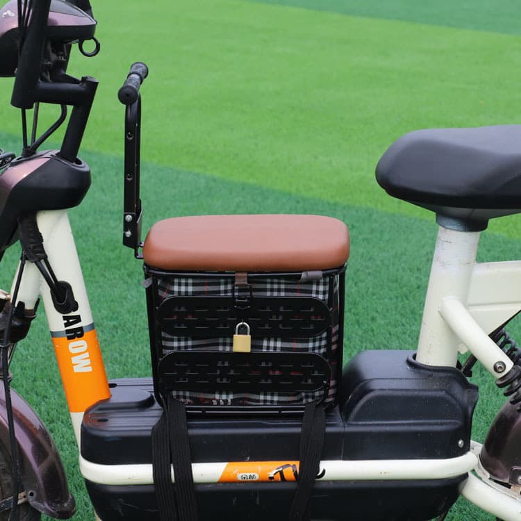 Electric vehicle child seat with front storage and lockable design; electric scooter/motorcycle child safety seat