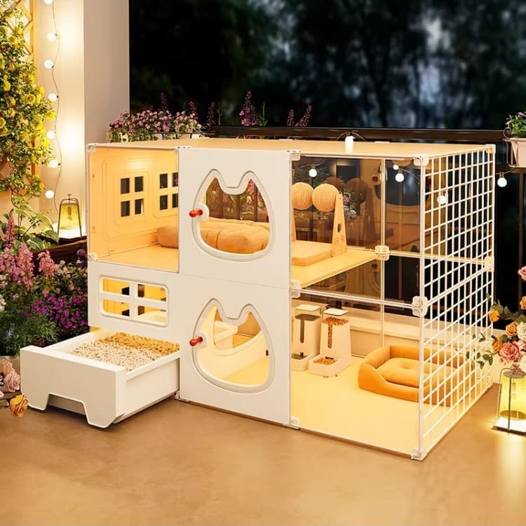 Cat Cage, Cat Villa, Extra-Large Free Space, Home Indoor Cat House, Integrated Cat Toilet, One Bedroom, One Living Room, One Bathroom, Cat Cabinet