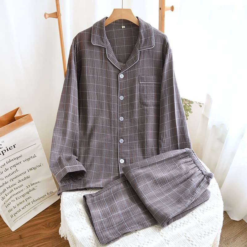 Men's Double-Layer Crepe Cotton Plaid Long-Sleeved Cardigan Plus Size Home Wear Suit with Long-Sleeved Trousers Loose Fit