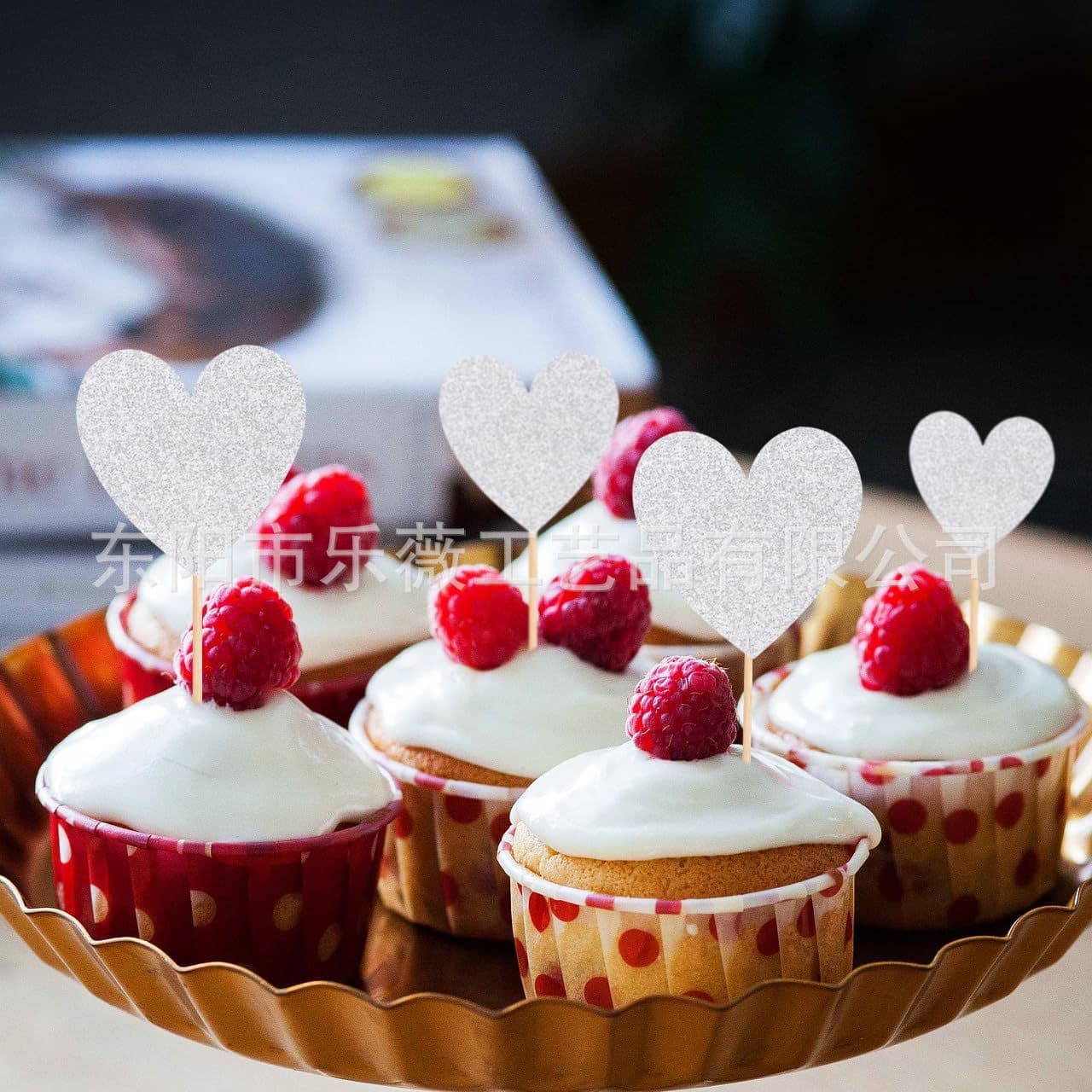 Silver Heart Party Supplies Glitter Paper Baking Cake Insert Flag Insert Card Dessert Table Factory