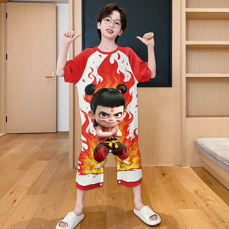 Baby One-Piece Pajamas Summer Thin Comfortable Pure Cotton Boys Air Conditioning Suit Two-Way Wear Cartoon Homewear