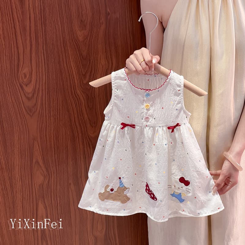 Girls Dress Summer 2026 New Sleeveless Cartoon Polka Dot Single Layer Cotton Tank Top Dress for Girls and Fashionable Children's Clothes