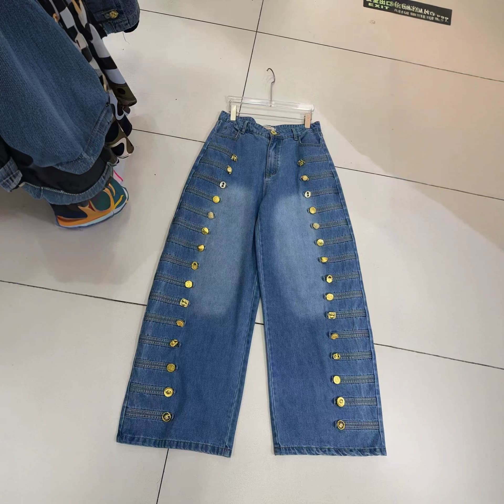 Thirteen Rows Australian Niche New Street Metal Bone Button Loose Curved Blade Jeans Wide Leg Pants A1#