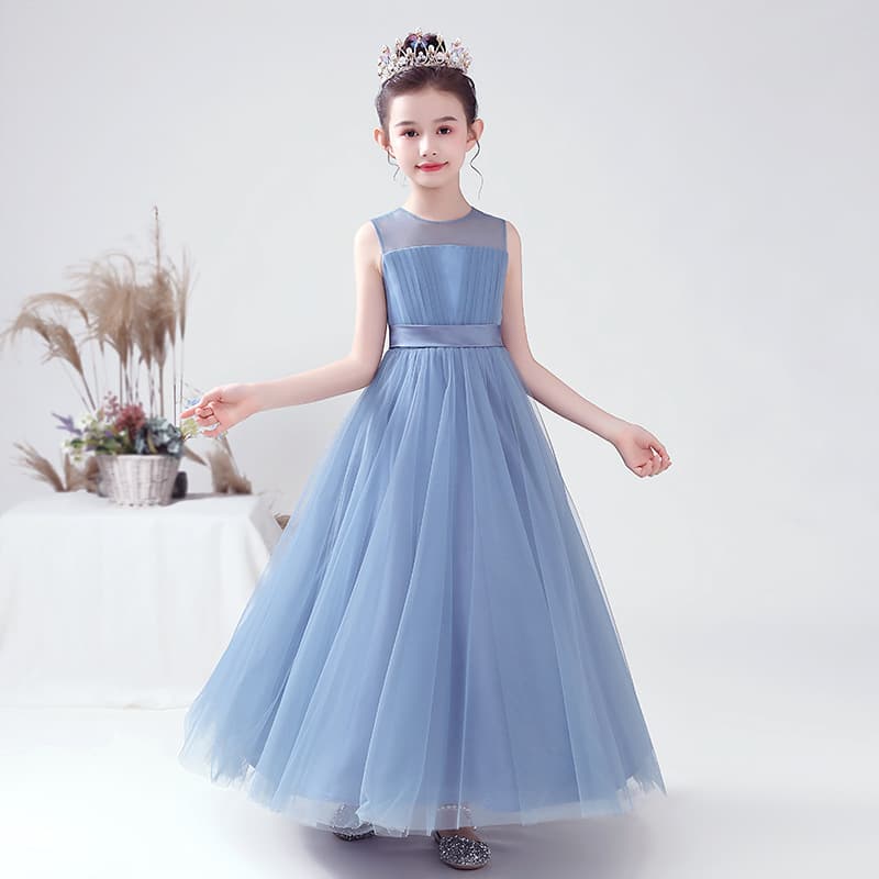 Children's Formal Dress Flower Girl Wedding Princess Dress Birthday Blue Tulle Skirt Piano Performance Outfit Stylish Long Sleeveless