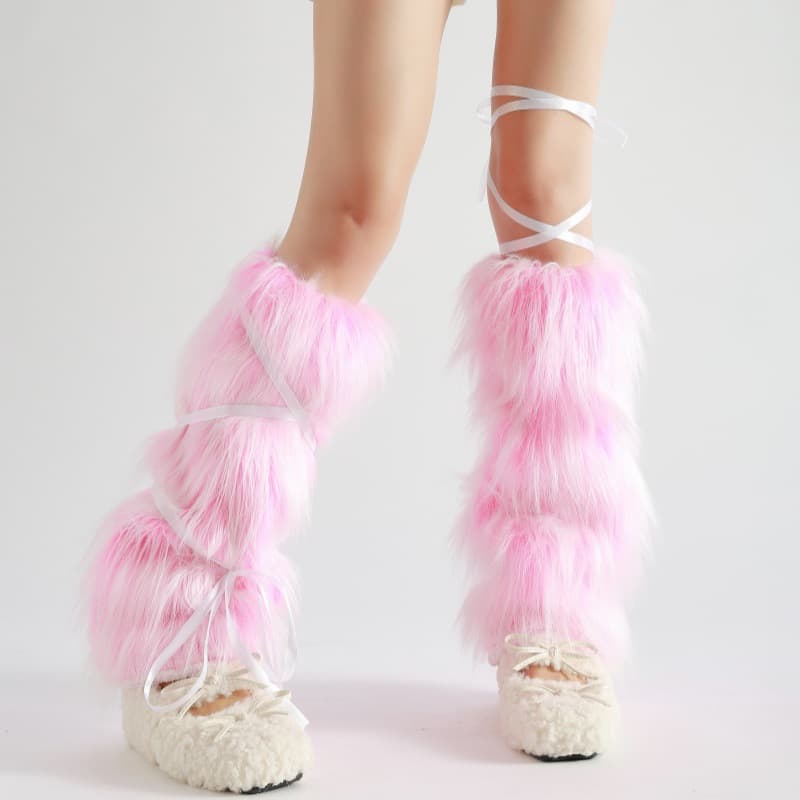 Trendy Leg Warmers Faux Fur Leg Warmers Y2K Slouch Socks Autumn Winter Warm Sweet Cool Calf Socks Mid-Calf Socks with Tie