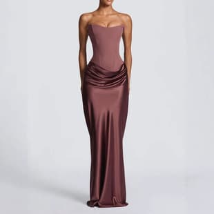 Evening Dress European American New Style Solid Color Slim Sexy Strapless Bodycon Long Dress Satin Tie Ribbon Dress
