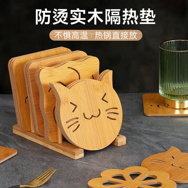 Cartoon Hollow Wooden Coasters Kitchen Tableware Thickened Anti-Scalding Heat Insulation Mats Wooden Non-Slip Pot and Dish Mats