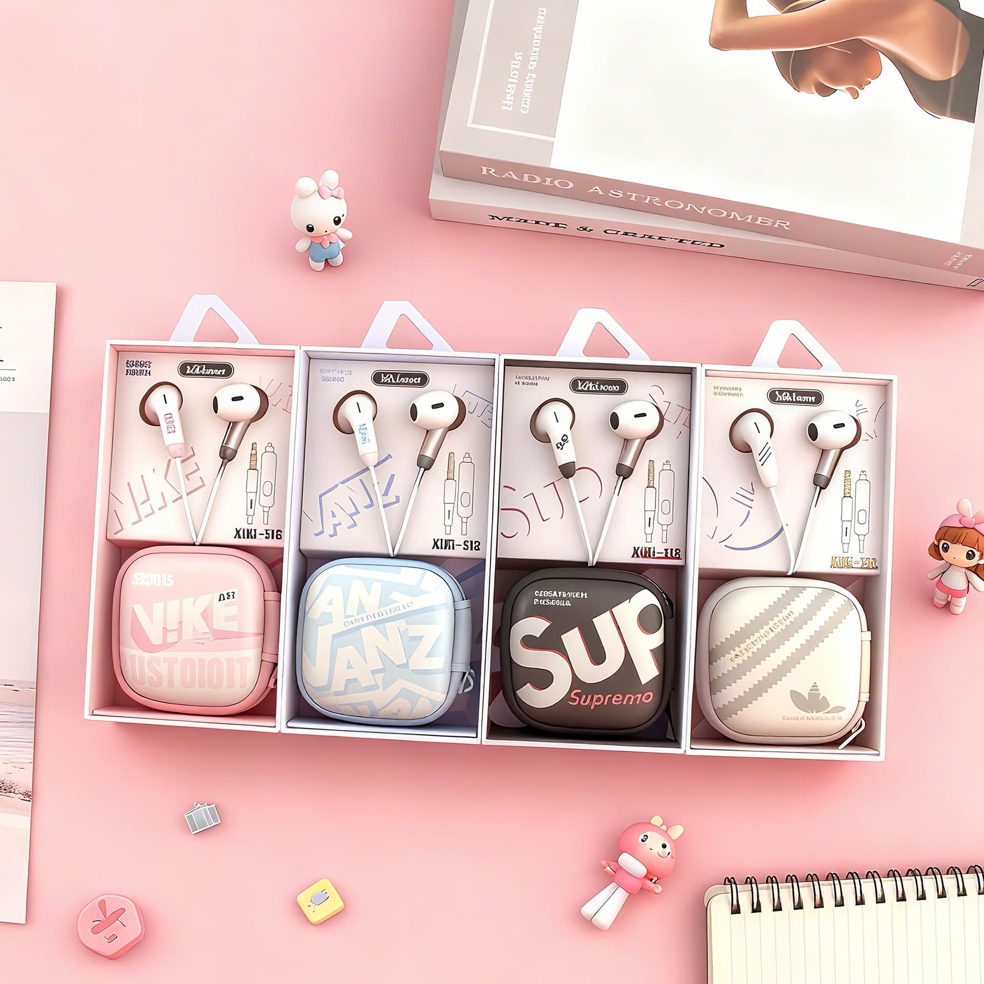 kiki-518 Cute Cartoon Storage Case 3.5mm Round Plug Wired Earphones with Box for Students