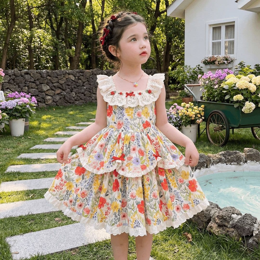 Girls Summer Floral Dress 2026 New Children's Lace Pastoral Style Cotton Skirt Little Girl Princess Dress