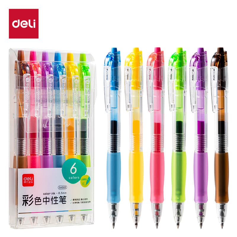 Deli SA503 Colored Gel Pen 0.5mm Bullet Tip (Assorted) (6 Pcs/Box)