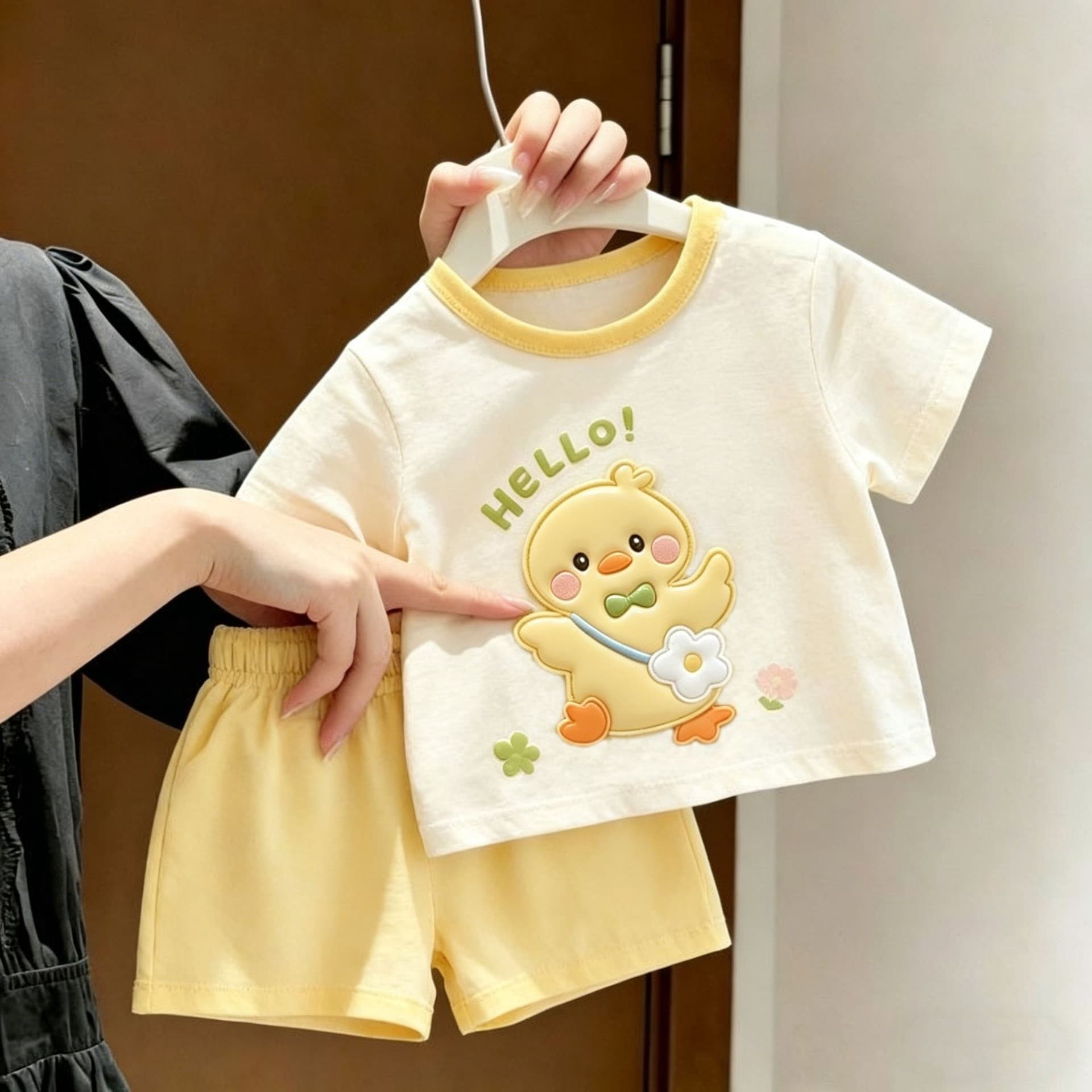 Children Super Cute Little Yellow Duck Print Short Sleeve T-Shirt Shorts Set Thin Summer Boys Girls Baby Summer Clothes
