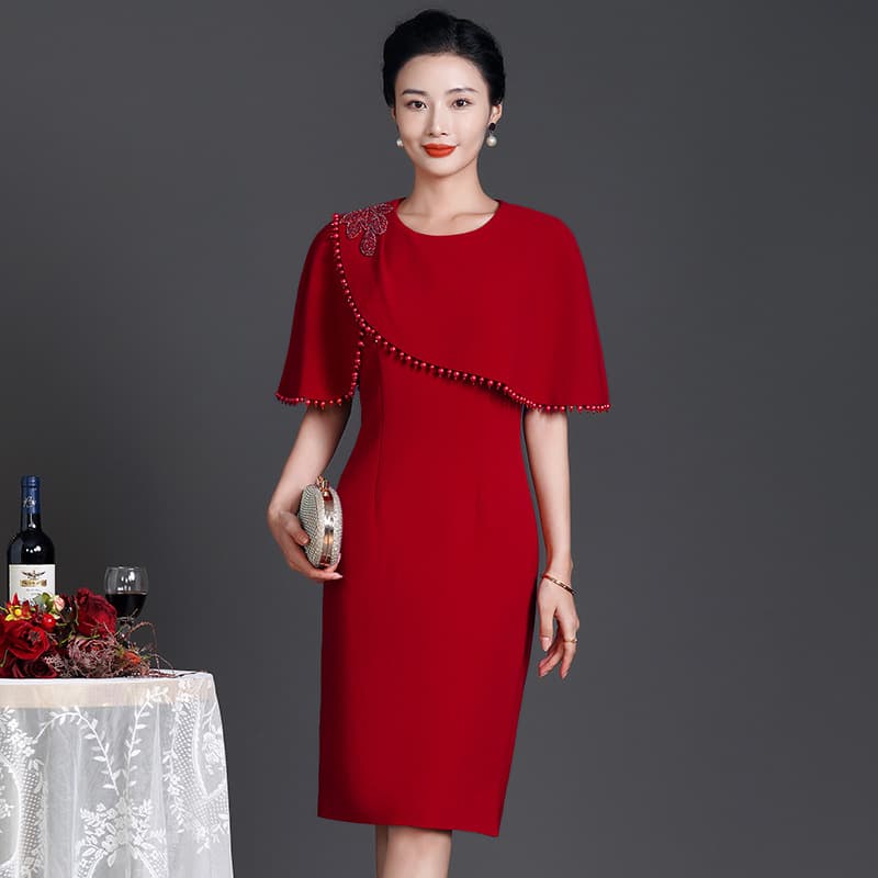 608# cross-border high-end shawl-style waist-cinching dress for mothers at wedding banquets, hand-beaded and slimming, for sophisticated ladies.