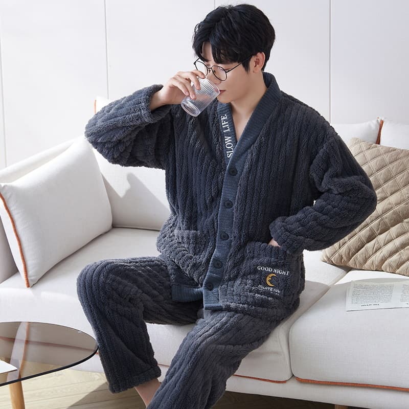 Pajamas for men winter coral velvet thickened plus velvet youth kimono men's flannel warm home clothes winter suit