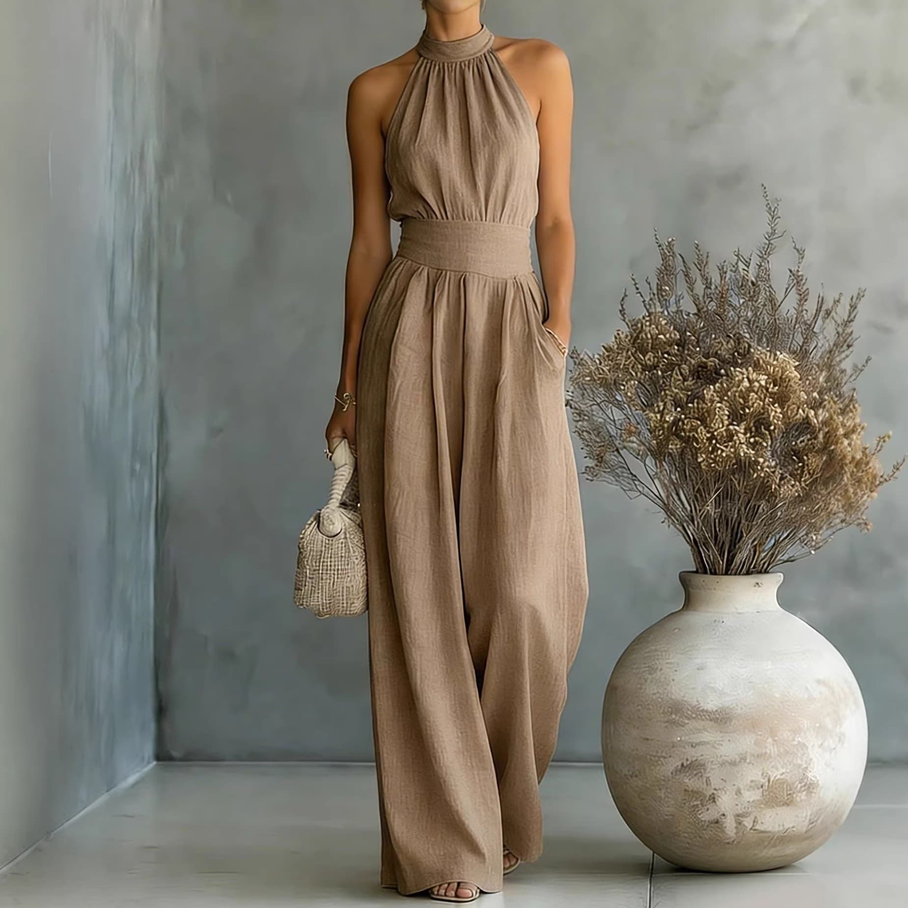 2026 New Independent Station Bestseller Sleeveless Halter Jumpsuit Loose Wide Leg Style Elegant Waist Jumpsuit