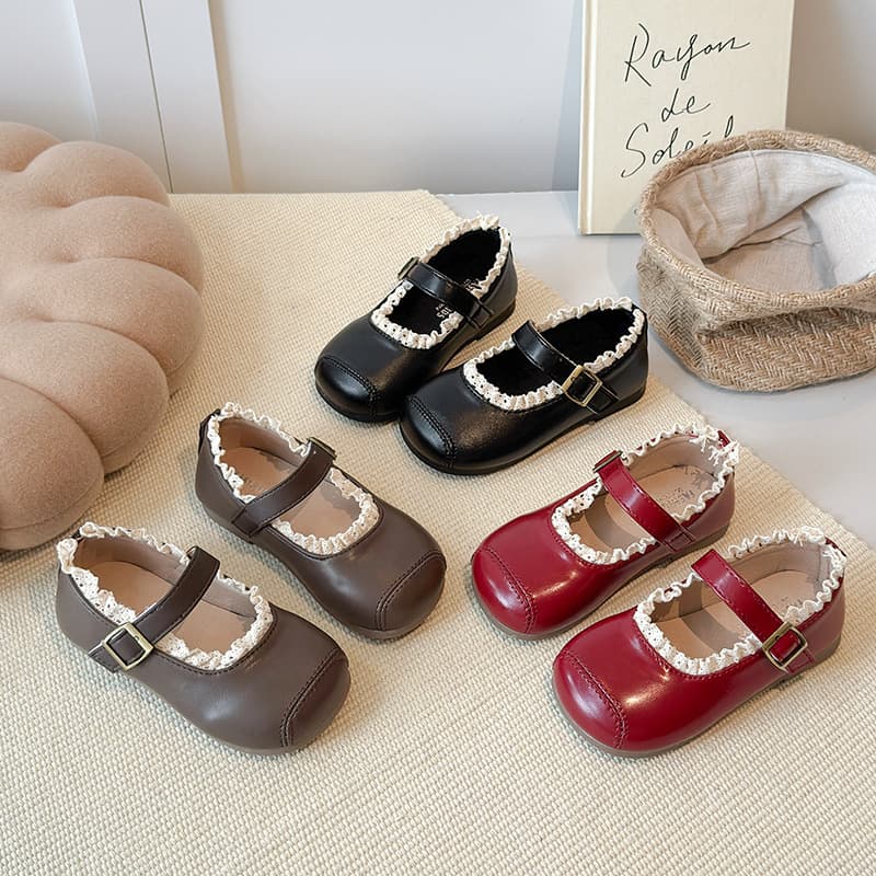 2026 Spring New Style Kidsren's Leather Shoes Korean Style Lace Lace Girls' Princess Shoes Soft Sole Red Baby Shoes