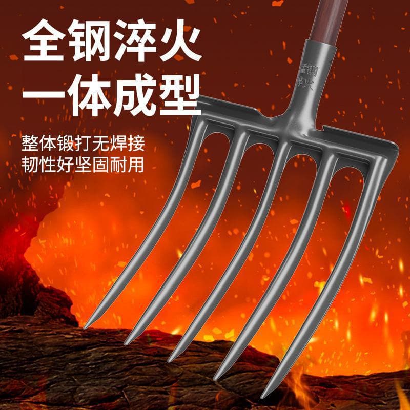 All-Steel 4-Tine Fork with Wooden Handle for Land Reclamation and Soil Loosening