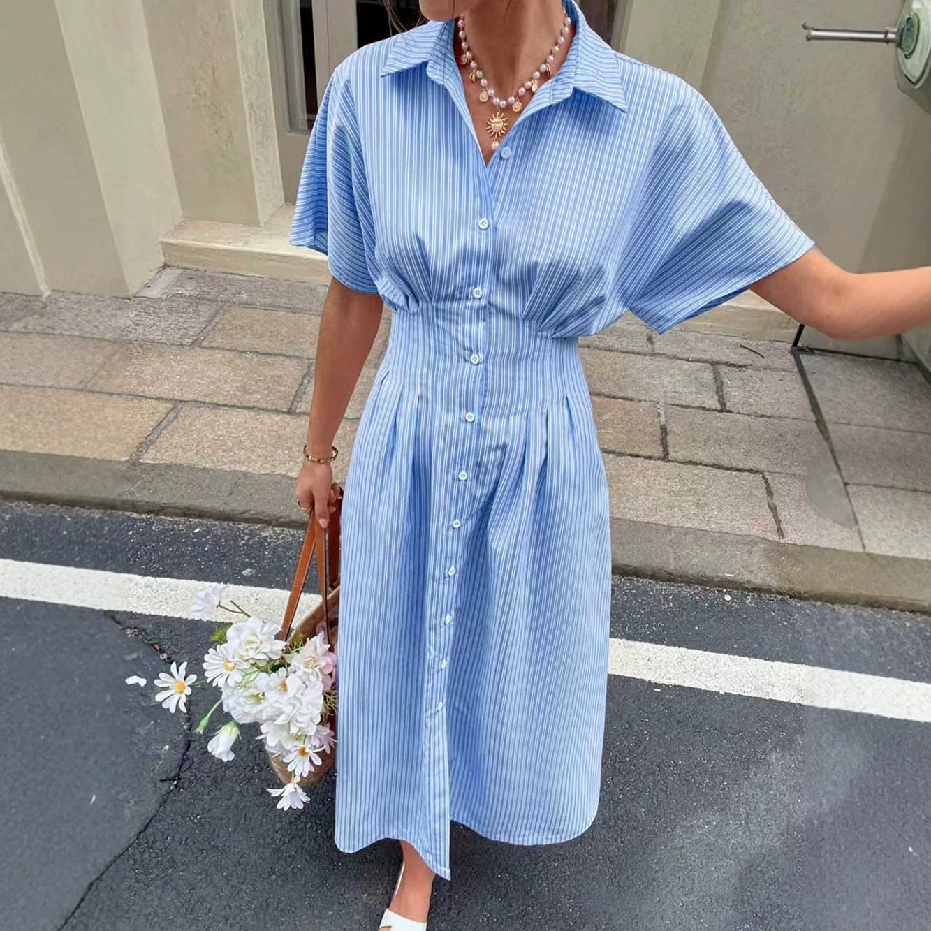 New Striped Waist Dress for Cross-border Amazon European and American Blue Short-sleeve Women's Shirt Dress Wholesale