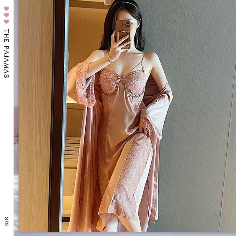 Pure Desire Lace Solid Color Camisole Dress Thin Strap Morning Robe Outer Robe with Padded Cups Chain Long Homewear
