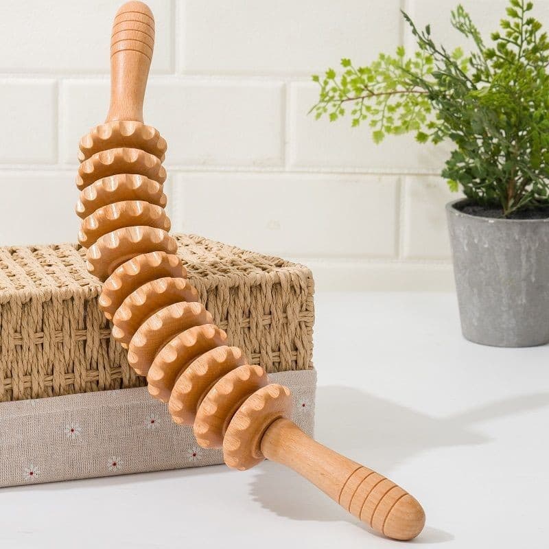 Wooden Massage Stick with 12 Wheels for Meridian Relaxation on Neck, Waist, and Thighs