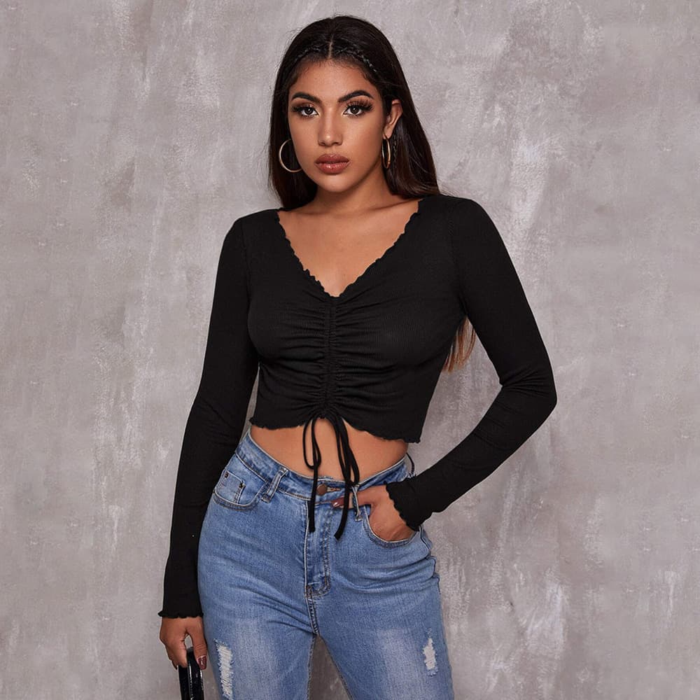 2026 Amazon Cross-Border EU/US V-Neck Long-Sleeve T-Shirt Spring/Summer Casual Minimalist Design Base Top for Women