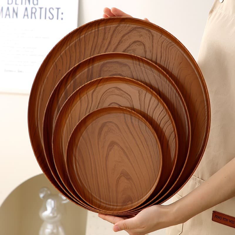 Amazon Wood Grain Tray Food Grade Plastic Large Round Tray for Tea Cup Home Commercial Use Fruit Plate